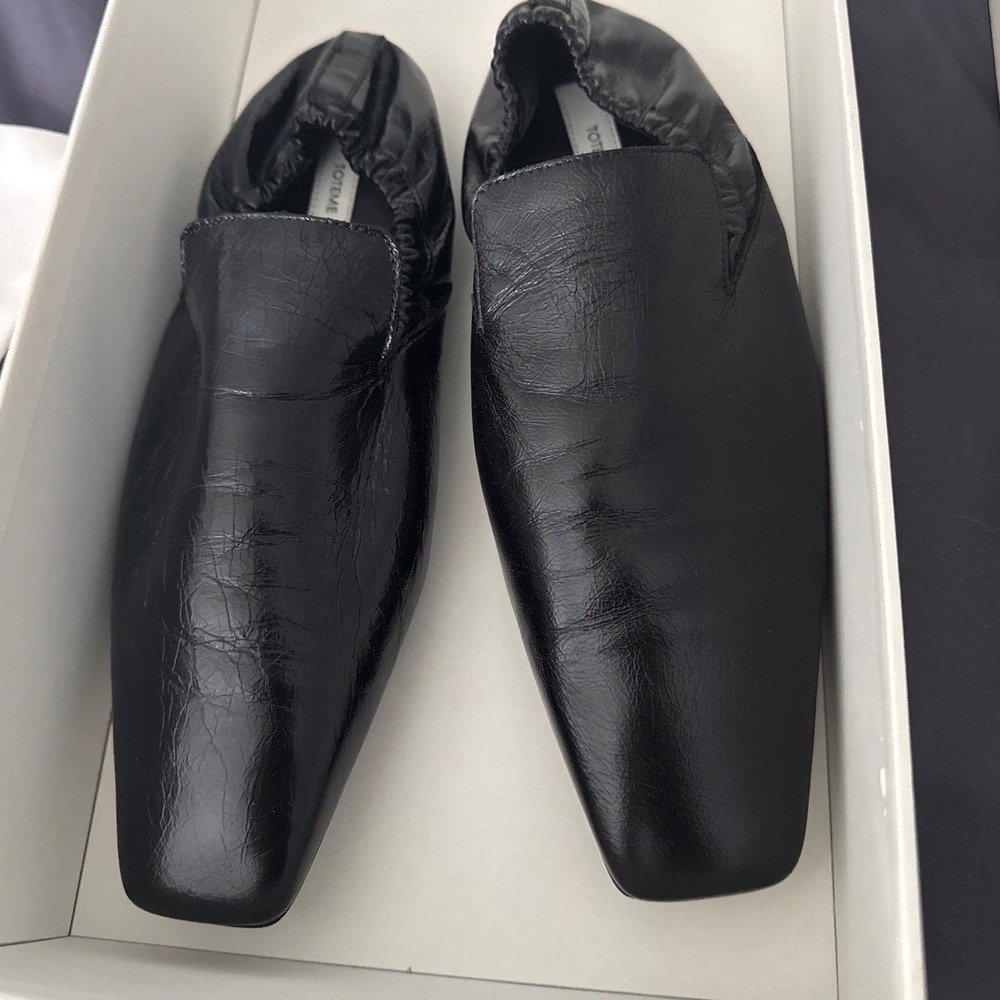 TOTEME Black Leather Square Toe Elastic Back Flat Loafers Made in Italy Size 37 - Picture 2 of 12